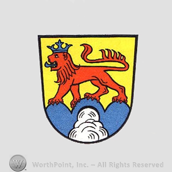 Heraldry: shield, lion, mountains.