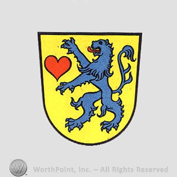 Heraldry: shield, lion rampant, heart.