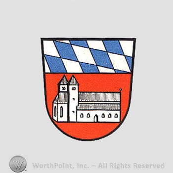 Heraldry: shield, white and blue pattern, church.