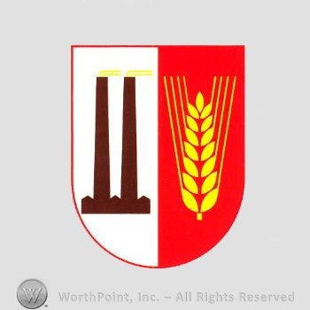 Heraldry: shield, wheat spice, industrial towers.