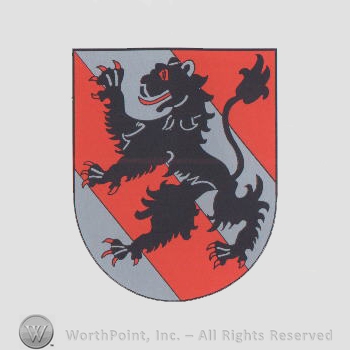 Heraldry: shield, lion rampant, gray and red bars.