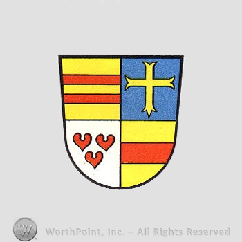 Heraldry: shield, cross, crescent, red lines.