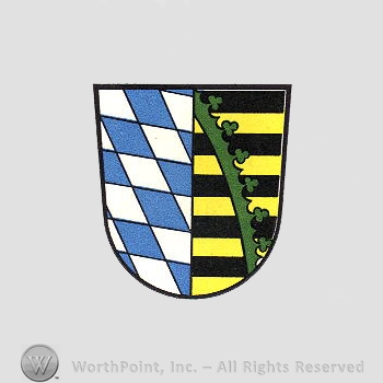 Heraldry: shield, black and yellow lines, white and blue diamonds, ring and crown line.