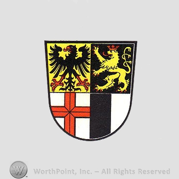 Heraldry: shield, eagle, lion rampant, cross, black bar.