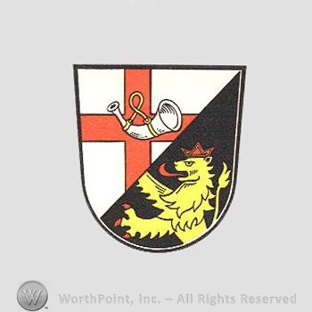 Heraldry: shield, cross, lion rampant, horn.