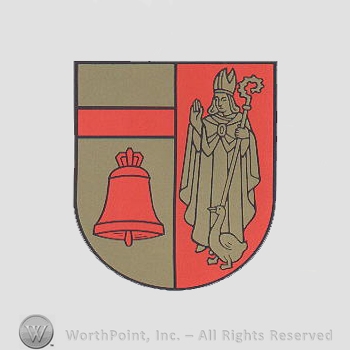 Heraldry: shield, church bell, priest.