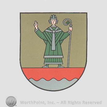 Heraldry: saint, shield, waving line.