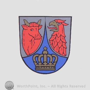 Heraldry: shield, eagle head, cow head, crown.