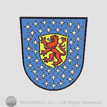Heraldry: shield, stars, lion rampant.