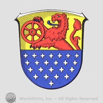 Heraldry: shield, lion, wheel, stars.