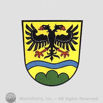 Heraldry: shield, two heads eagle, waving line, hills.