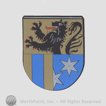 Heraldry: shield, lion rampant, stars, blue bar.