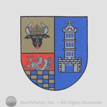 Heraldry: bull head witg crown, griffin, castle tower, brown and blue pattern.