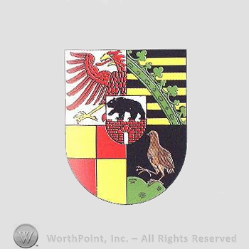 Heraldry: shield, eagle, bear, bird, red and yellow cubes, yellow and black lines, ring and crown bar.