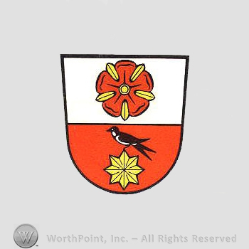 Heraldry: shield, rose, bird, star.