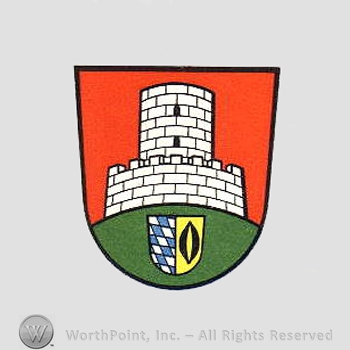 Heraldry: shield, castle tower, hill, small shield.