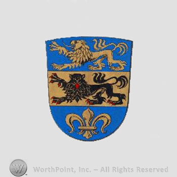 Heraldry: shield, two lions, fleur-de-lis.