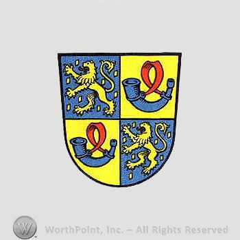 Heraldry: shield, lions, horns.