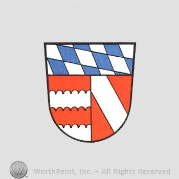 Heraldry: shield, diamond pattern, dents, white bar.