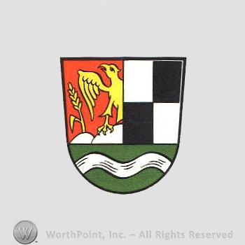 Heraldry: shield, wheat spice, eagle, square pattern, waving line.