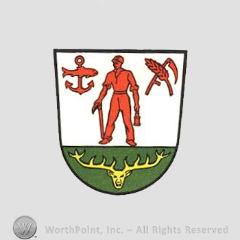 Heraldry: shield, scythe, anchor, fish, mine worker, wheat spice, deer head.