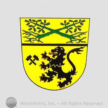Heraldry: two trees, lion, hammers crossed, shield.
