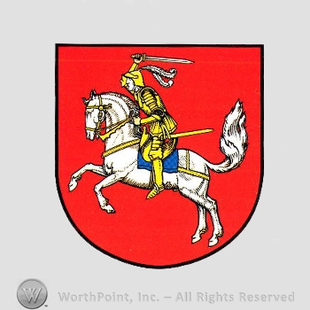 Heraldry: shield, knight and horse.