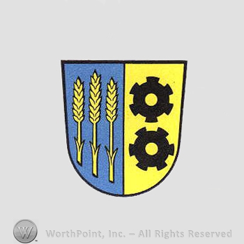 Heraldry: shield, wheat spice, two cog wheels.