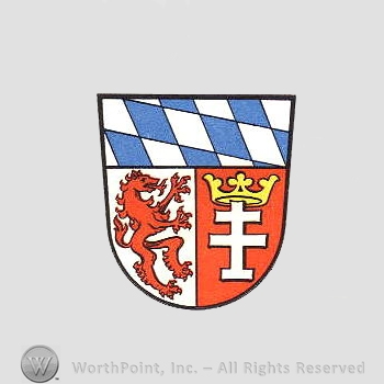 Heraldry: shield, diamond pattern, lion, crown, cross.