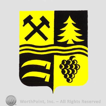 Heraldry: shield, pine tree, hammers, grapes, scythe, waving lines.