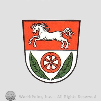Heraldry: shield, horse, wheel, leaves.