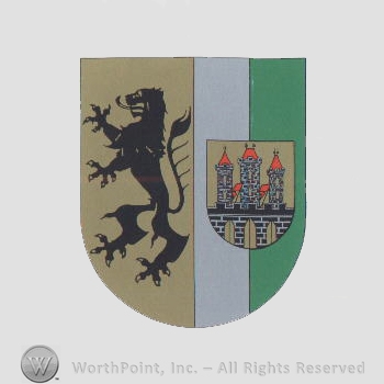 Heraldry: shield, lion rampant, castle inside shield.