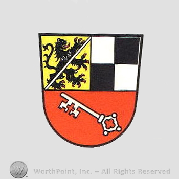 Heraldry: shield, lion rampant, chequered field in white and black, key.