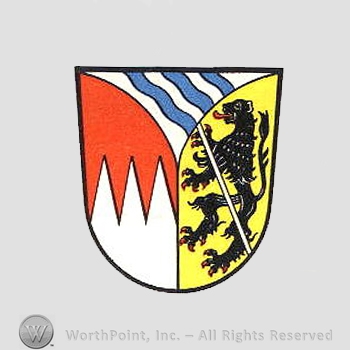 Heraldry: shield, lion, white piles, waving lines.