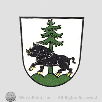 Heraldry: shield, pine tree, boar.