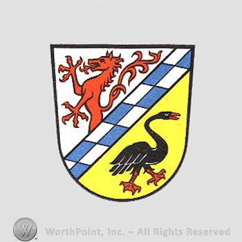 Heraldry: shield, swan, panther, chequered band.