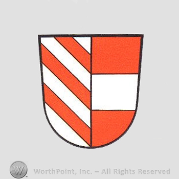 Heraldry: shield, red bars and white and red squares.