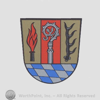 Heraldry: shield, flame, monastery stick, horns, chequered field.