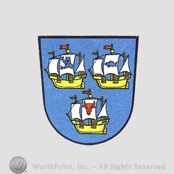 Heraldry: shield, three boats, flags, lion, fish, bull head.