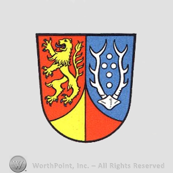 Heraldry: lion, triangle, horns, shield.
