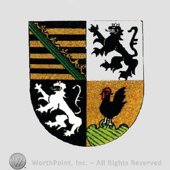 Heraldry: shield, two lions, cock, ring and crown bar, brown lines.