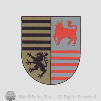 Heraldry: shield, bull, lion, black and red lines.