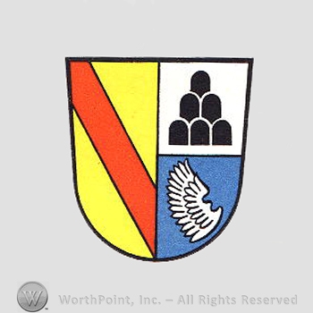 Heraldry: shield, red bar, wings, topped mountain.