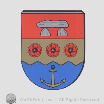 Heraldry: shield, stones, cinquefoils, anchor.