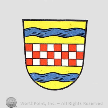 Heraldry: shield, waving lines, chequered field.