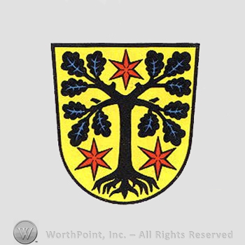 Heraldry: shield, tree, stars.