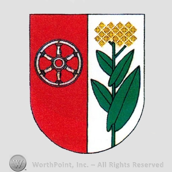 Heraldry: shield, wheel, flower.