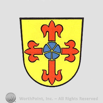Heraldry: shield, fleur-de-lis, blue ball.