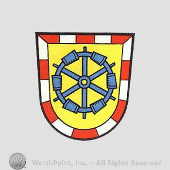 Heraldry: red and white shield, wheel.