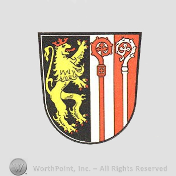 Heraldry: lion rampant with crown, monastery stick, shield.